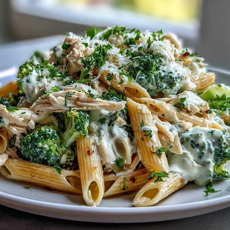 A close-up shot shows glistening rotisserie chicken, emerald broccoli, and whole-wheat pasta coated in silky Greek yogurt sauce.