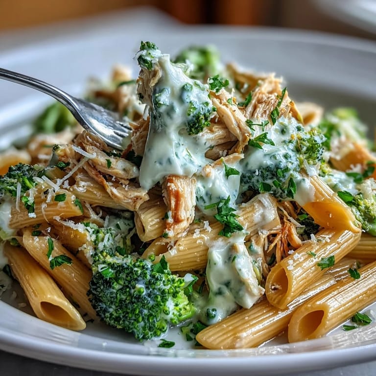 Forkful of the High Protein Rotisserie Chicken Broccoli Pasta with Parmesan and parsley, served in a white bowl.