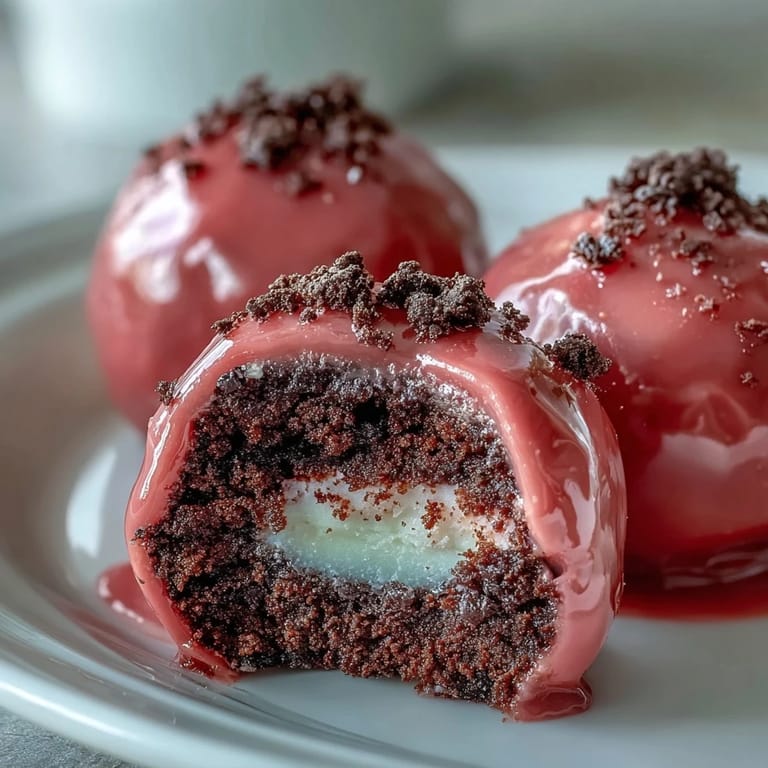 Freshly dipped Oreo Truffle Balls with pink candy coating on a baking sheet, garnished with white edible pearls and ready for serving.
