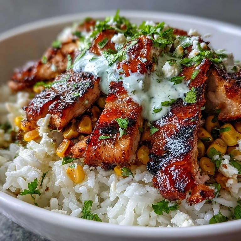 Two vibrant Street Corn Chicken and Rice Bowls garnished with jalapeños and lime wedges on a rustic table.