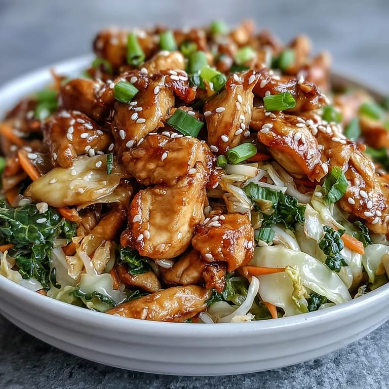 A close-up of Egg Roll Bowls with Chicken and Cabbage, topped with scallions and sesame seeds, served steaming in a rustic ceramic bowl.