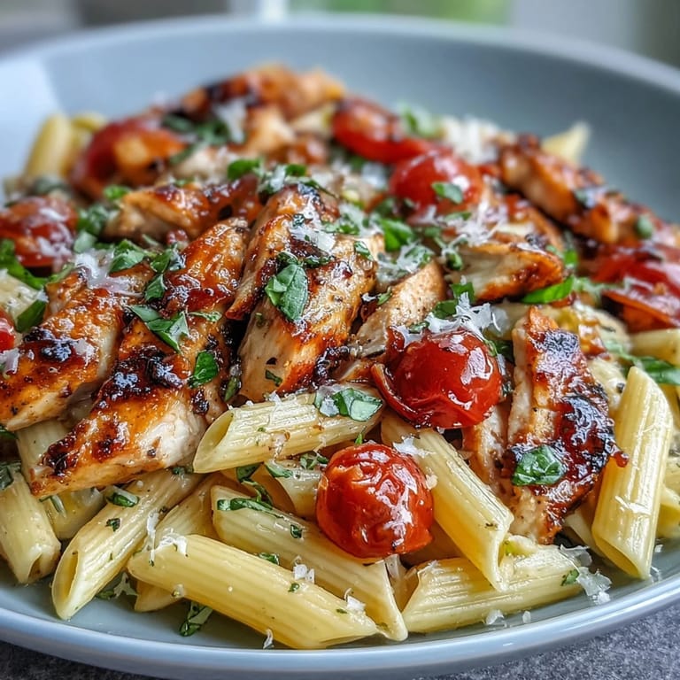 Close-up of Bruschetta Chicken Pasta with glossy balsamic glaze, tender chicken, and bright tomatoes, ready for a weeknight Italian-American family dinner.