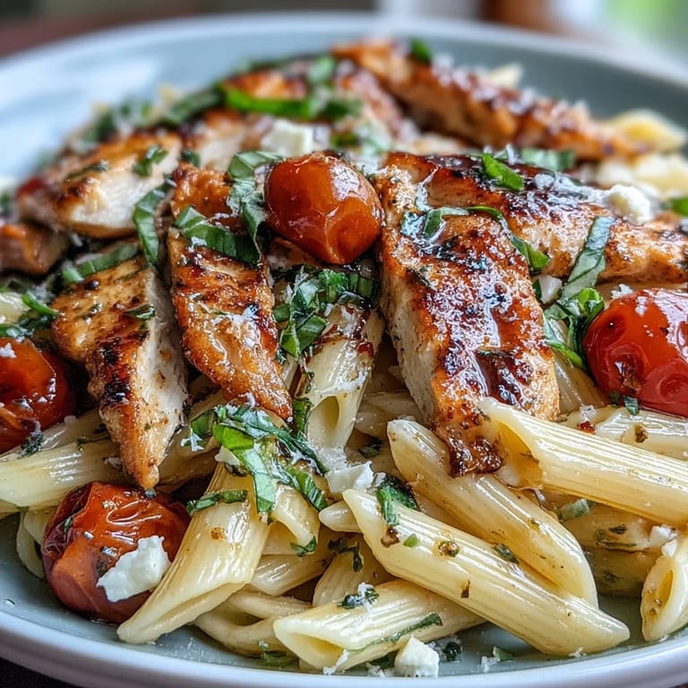 A hearty skillet of Bruschetta Chicken Pasta served in a white bowl, garnished with grated Parmesan and basil leaves on a rustic table.