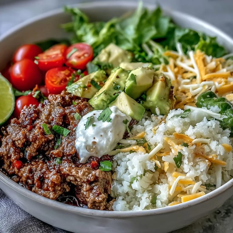 Ready to serve Low Carb Burrito Bowl garnished with cilantro and sour cream, Mexican-inspired.