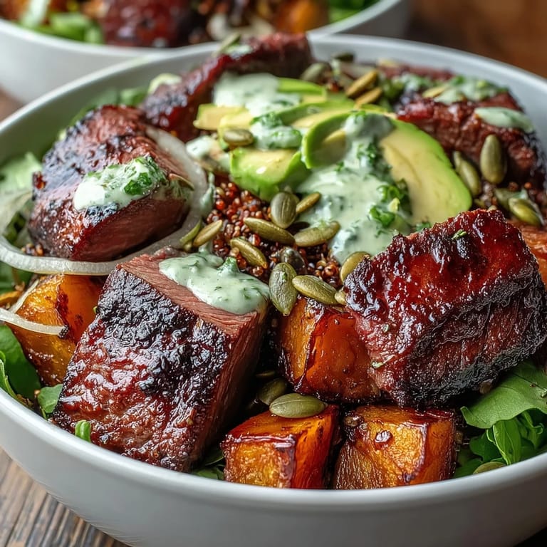 Tender smoked steak slices rest over fluffy quinoa and roasted squash, garnished with red onion and pepitas for crunch.