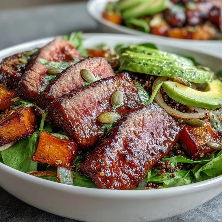 Fusion dinner bowl featuring juicy steak, caramelized butternut squash, vibrant greens, and creamy avocado with a zesty lime dressing.