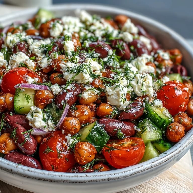 Close-up on Greek Bean Salad with Lemon Marinated Beans highlighting marinated beans, feta crumbles, and glistening lemon-oregano dressing.