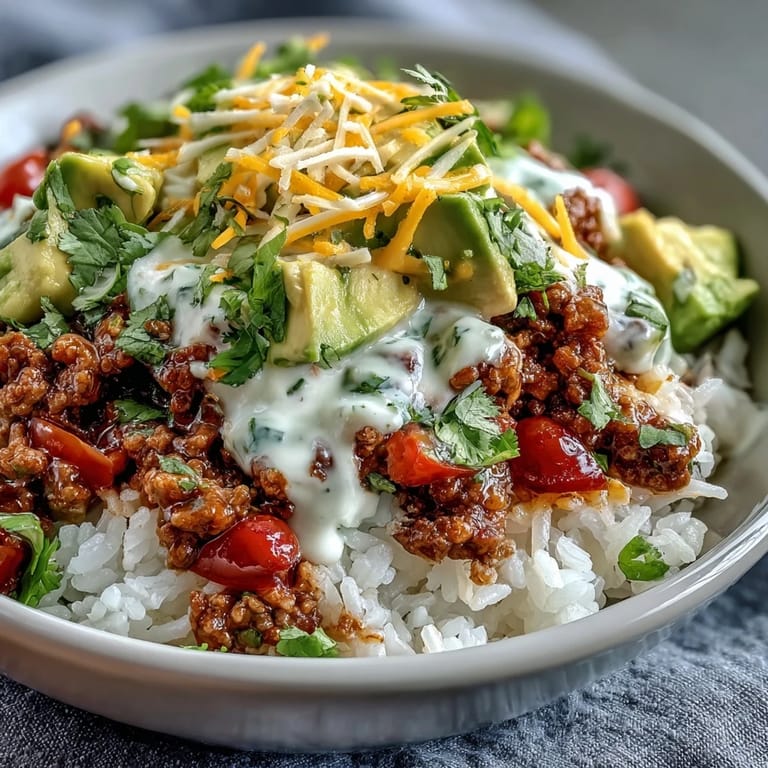 Close-up of a colorful Turkey Taco Bowl with avocado, cheese, and fresh lime.