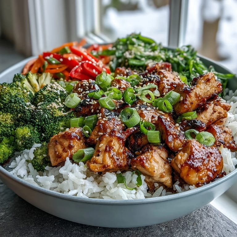 Colorful Chicken and Rice Bowl garnished with sliced green onions and sesame seeds, displayed on a rustic wooden table.