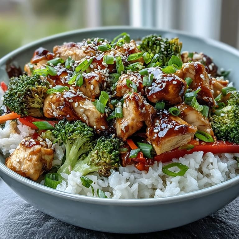 Close-up of a wholesome homemade Chicken and Rice Bowl featuring tender chicken, crisp vegetables, and steamed rice ready to eat.