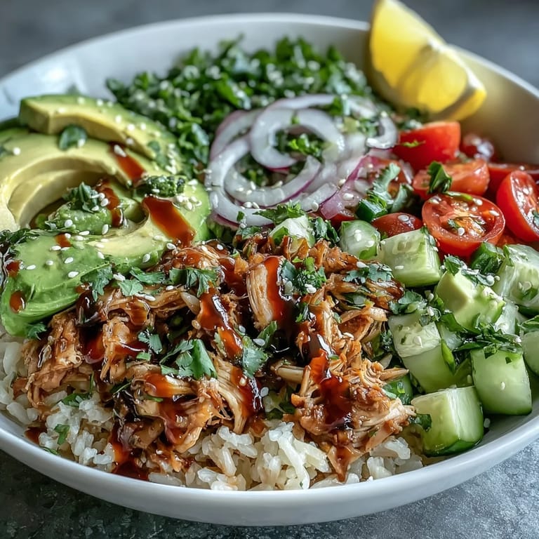 Fork held over a hearty Rotisserie Chicken Bowl with tender shredded chicken, broccoli, and cucumber in a rustic setting.