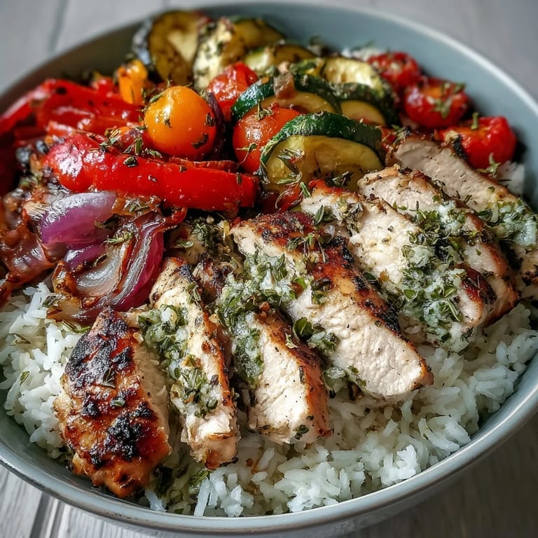 Colorful roasted vegetables surround tender chicken on white rice, showcasing the vibrant Lemon Herb Roasted Chicken Bowl with lemon zest.