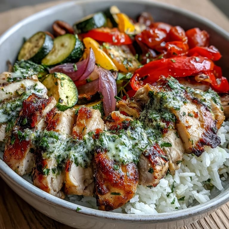 A close-up of glazed chicken and caramelized vegetables over rice, garnished with herbs for the Lemon Herb Roasted Chicken Bowl.