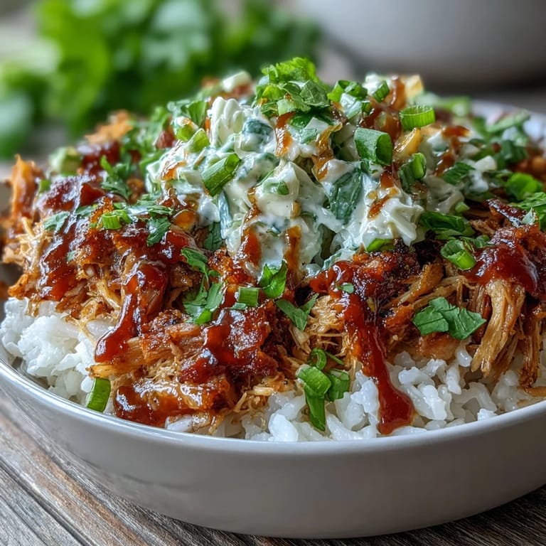 Pulled pork bowl over fluffy rice, topped with tangy coleslaw and drizzled with smoky BBQ sauce.