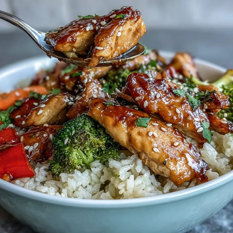 Honey Garlic Chicken Bowl served steaming hot with broccoli, carrots, and red bell peppers, ready for a quick family dinner.