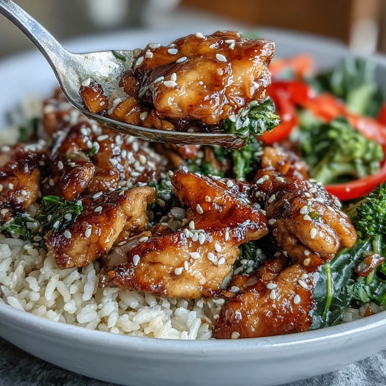 Sticky, sweet honey garlic chicken glazed in a skillet with sesame seeds over fluffy rice and colorful vegetables.