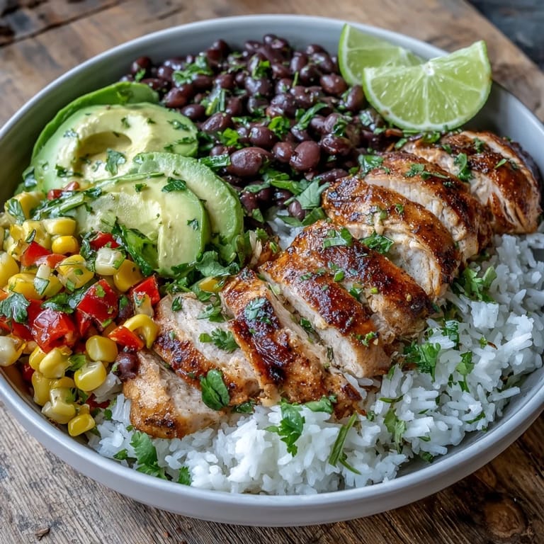 Sizzling Cajun Chicken Bowl served over fluffy rice with sautéed peppers, sweet corn, black beans, avocado, and fresh cilantro, perfect for a weeknight dinner.
