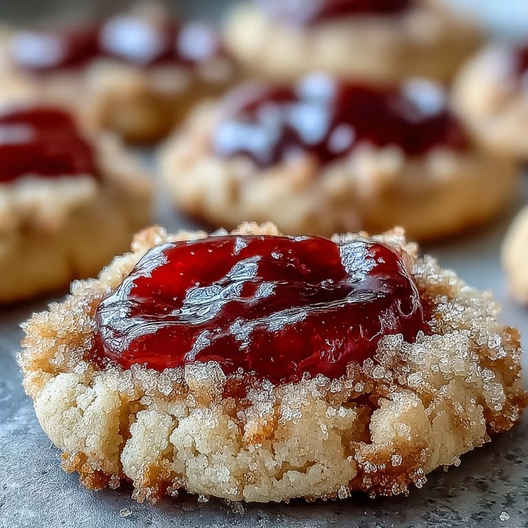 Freshly baked Guava Jam Thumbprint Cookies cool on parchment paper, featuring a golden crumb and a glossy, jewel-toned guava jam filling.
