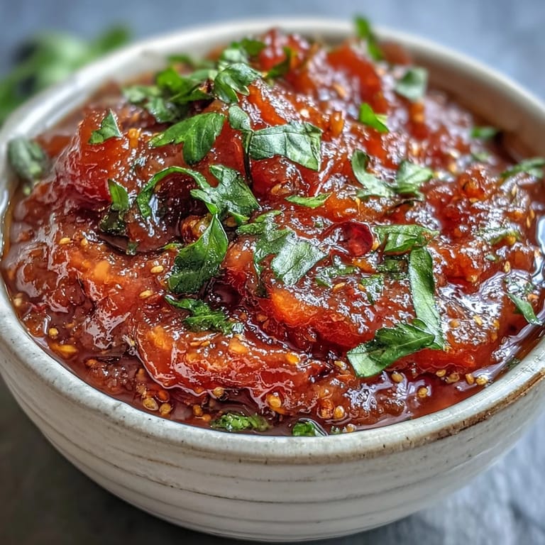 A vibrant bowl of Guava Chutney featuring bright pink puree, finished with a golden mustard seed and curry leaf tempering.