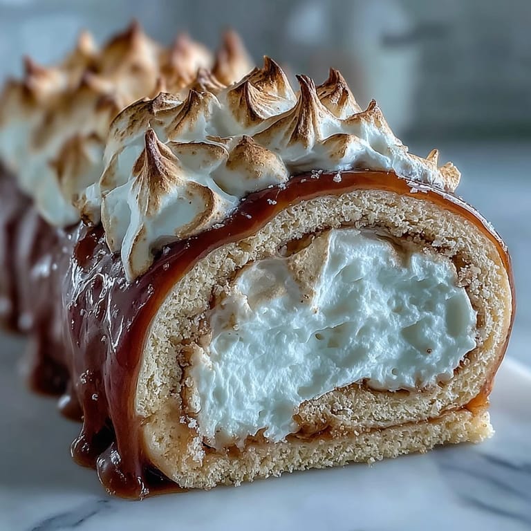 A rolled Homemade Brazo Gitano dessert topped with golden toasted meringue, with fresh coffee and guava paste on the side.