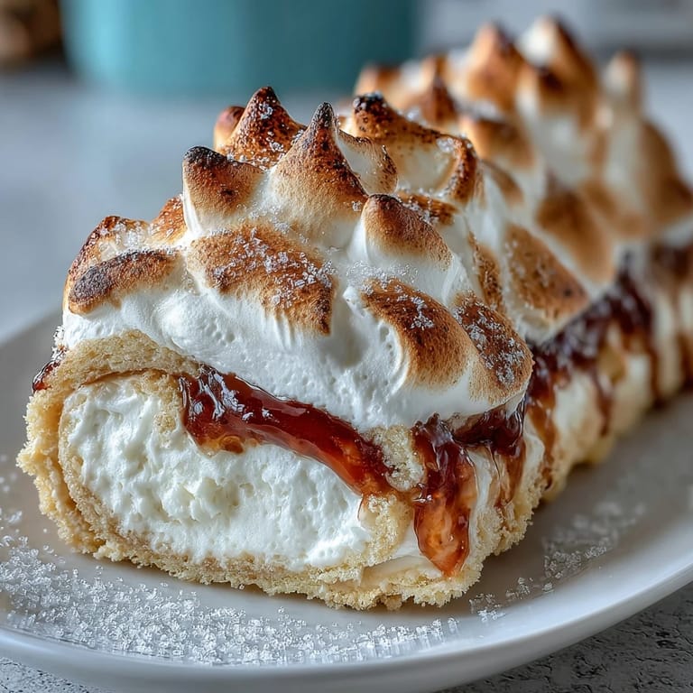 Homemade Brazo Gitano sponge cake filled with sweet guava paste and topped with fluffy meringue, ready to serve on a platter.