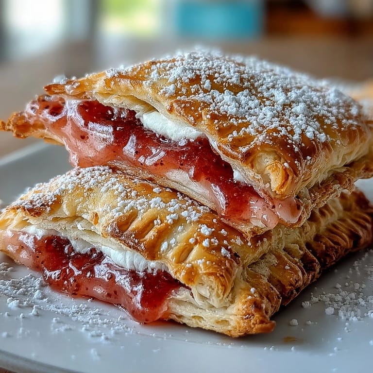 Close-up of a halved Guava Cheese Pop Tart revealing sweet guava jam and creamy cheese filling on a rustic wooden board. 