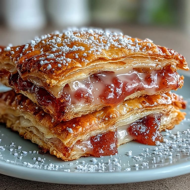 Hand drizzling vanilla glaze over warm Guava Cheese Pop Tarts on a baking sheet, next to a bowl of guava jam.