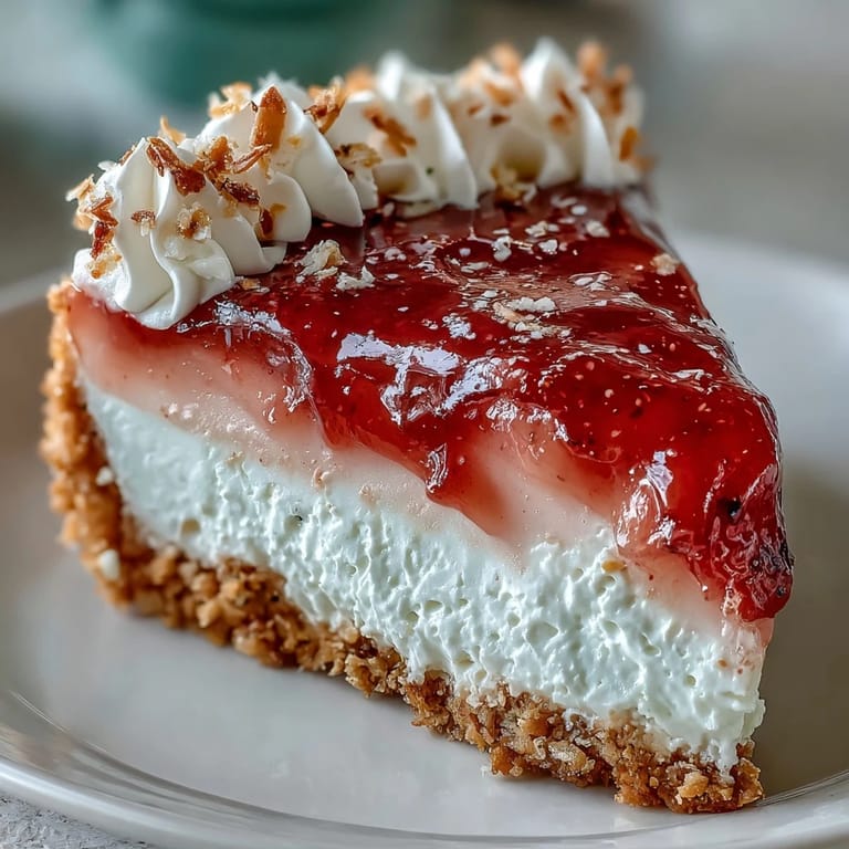 Slice of Guava Cloud Pie revealing creamy pink guava filling and crisp crust on a plate.