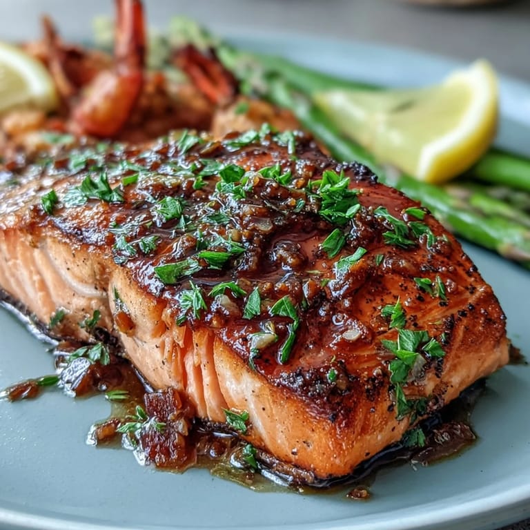 Succulent salmon and tender asparagus roast together, infused with aromatic garlic butter for a perfect spring meal.
