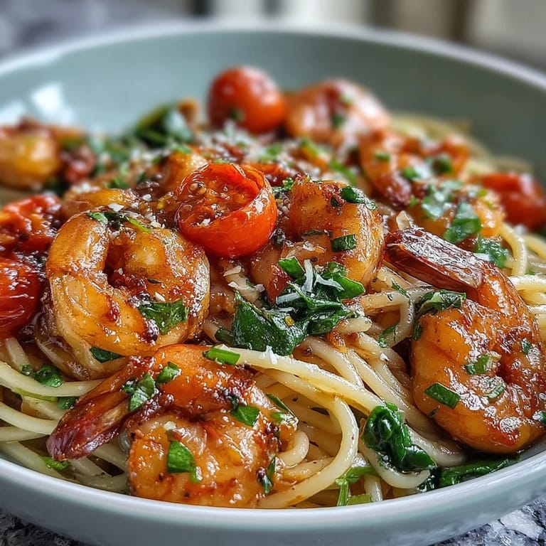 Creamy One-Pot Garlic Shrimp with Angel Hair pasta, snap peas, and cherry tomatoes, topped with Parmesan.