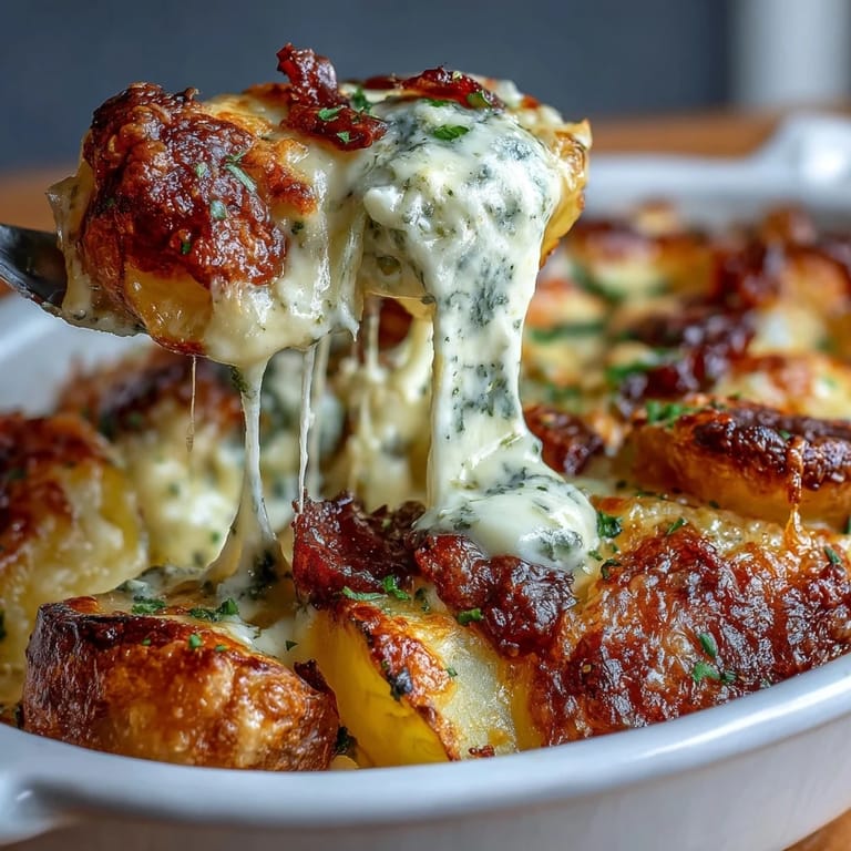 Layers of thinly sliced potatoes baked in a garlicky cream sauce, topped with melted Gruyère and Parmesan cheeses for a classic French side.