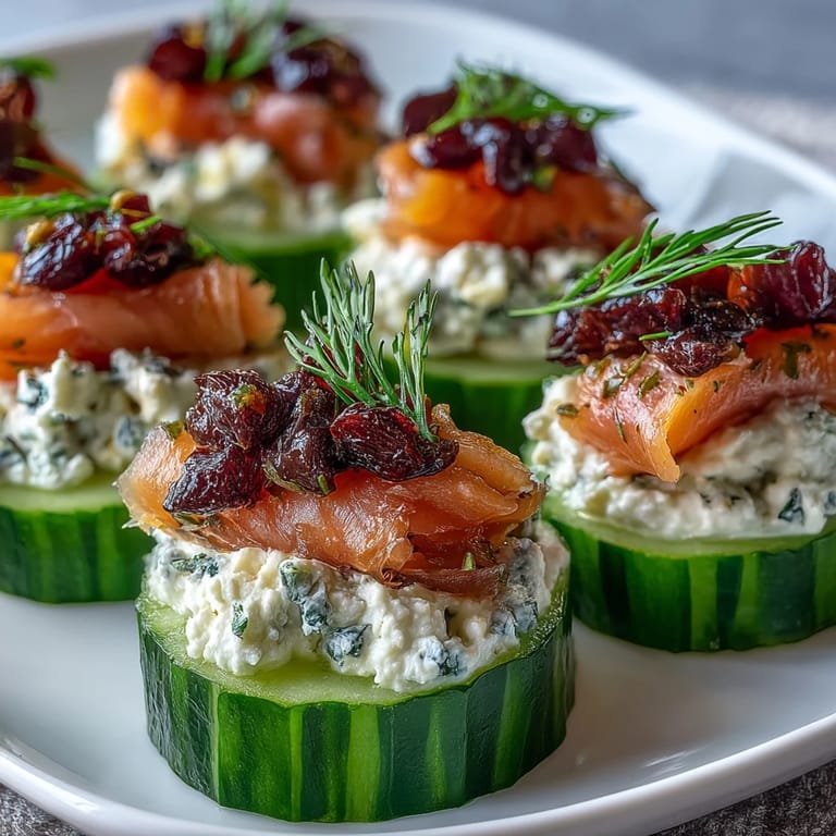 Fresh cucumber bites layered with tangy cream cheese, zesty lemon, and savory smoked salmon, garnished with briny capers and dill.