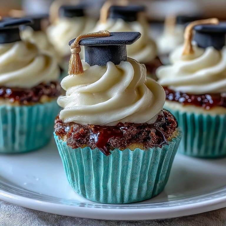 Celebrate with Simple Graduation Cupcakes featuring vanilla cupcakes, fluffy buttercream frosting, and charming black fondant graduation caps with yellow tassel details.