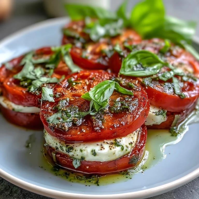Vibrant Caprese salad with basil oil drizzle, featuring alternating tomato and mozzarella slices garnished with fresh basil.  
