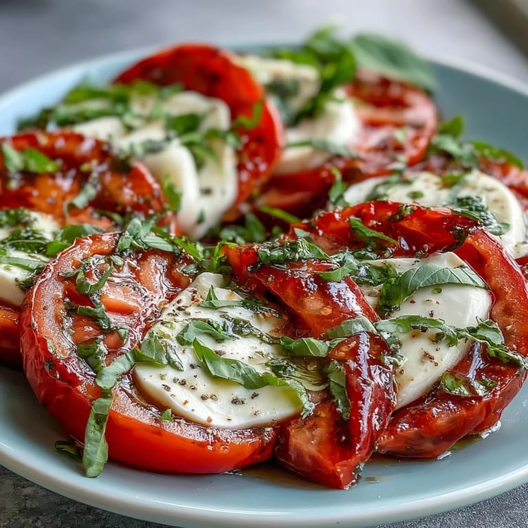 Homemade Caprese salad with basil oil drizzle, arranged on a platter with red onion and balsamic glaze for extra flavor.