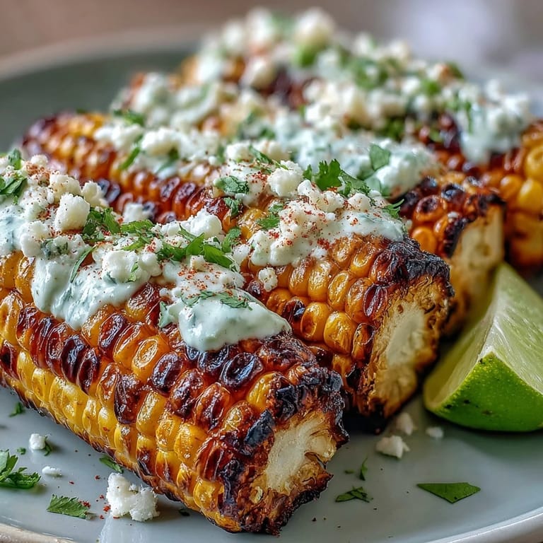 Charred Grilled Corn Elote Style, slathered in rich, zesty sauce and sprinkled with chili, cheese, and fresh herbs for bold taste.