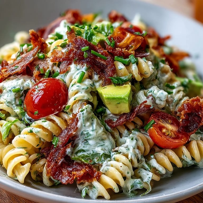 Creamy avocado ranch coats tender pasta, bacon, and crisp lettuce in this vibrant BLT Pasta salad, perfect for summer gatherings.