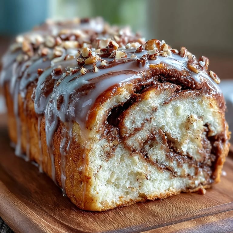 A decadent Nutella Babka featuring soft, buttery layers twisted with creamy hazelnut spread, topped with a glossy sugar glaze.