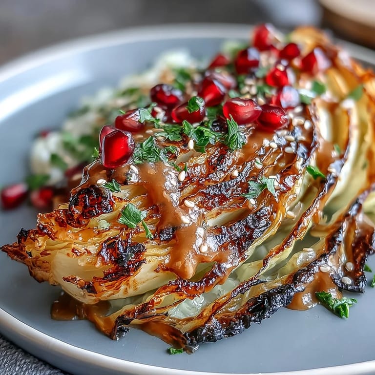 Charred cabbage wedges paired with smooth tahini sauce, fresh parsley, and sweet pomegranate seeds, creating a colorful and flavorful vegan side.