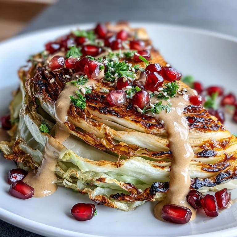 Grilled cabbage wedges served with a rich tahini sauce, sprinkled with vibrant parsley and juicy pomegranate seeds for a Middle Eastern-inspired dish.