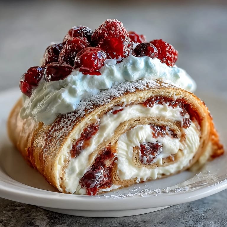 Light and airy crepe roll cake featuring golden crepes, luscious whipped cream, and juicy berries, perfect for elegant gatherings or special occasions.