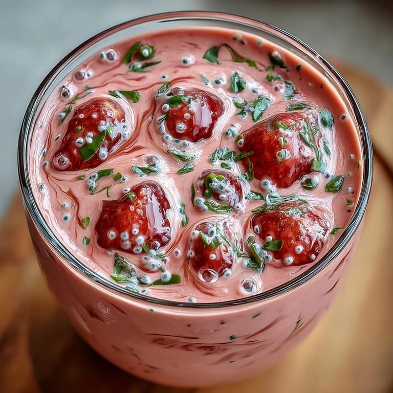 Creamy strawberry spinach smoothie topped with fresh berries, a healthy start.