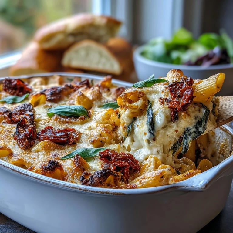 Creamy Sun-Dried Tomato Pasta Bake topped with golden mozzarella and Parmesan, served fresh from the oven.