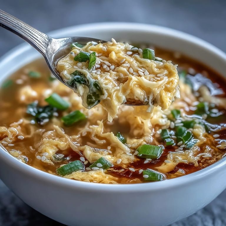 Comforting Chinese-style egg drop soup featuring delicate egg strands in aromatic, steaming broth with white pepper.  