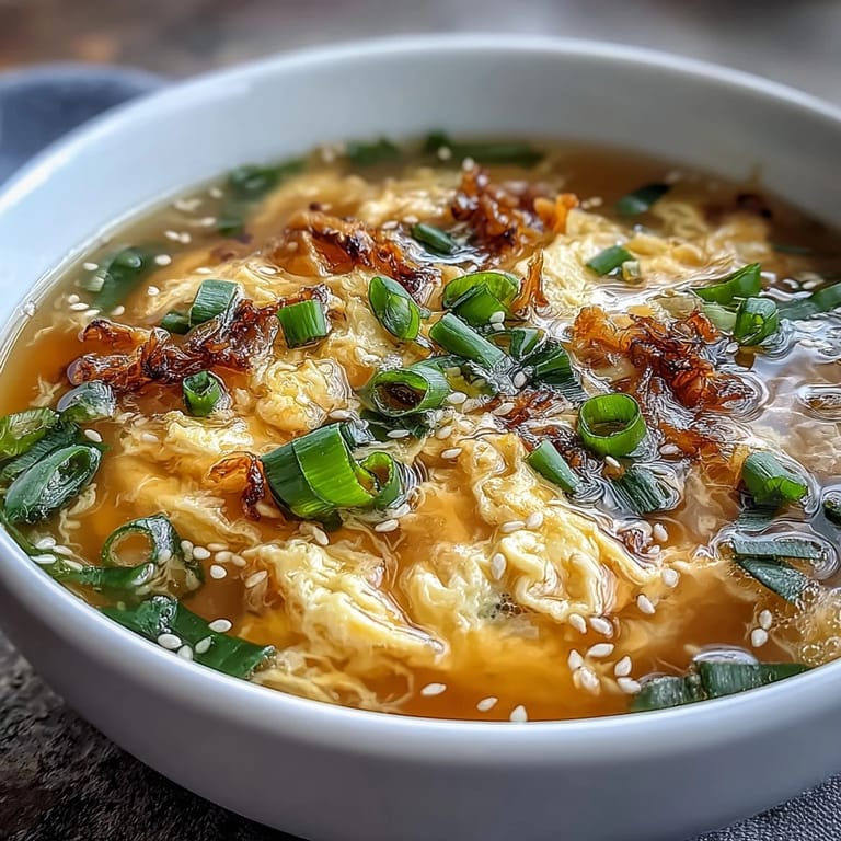 Easy homemade egg drop soup with rich chicken broth, whisked eggs, and sesame oil for authentic flavor.