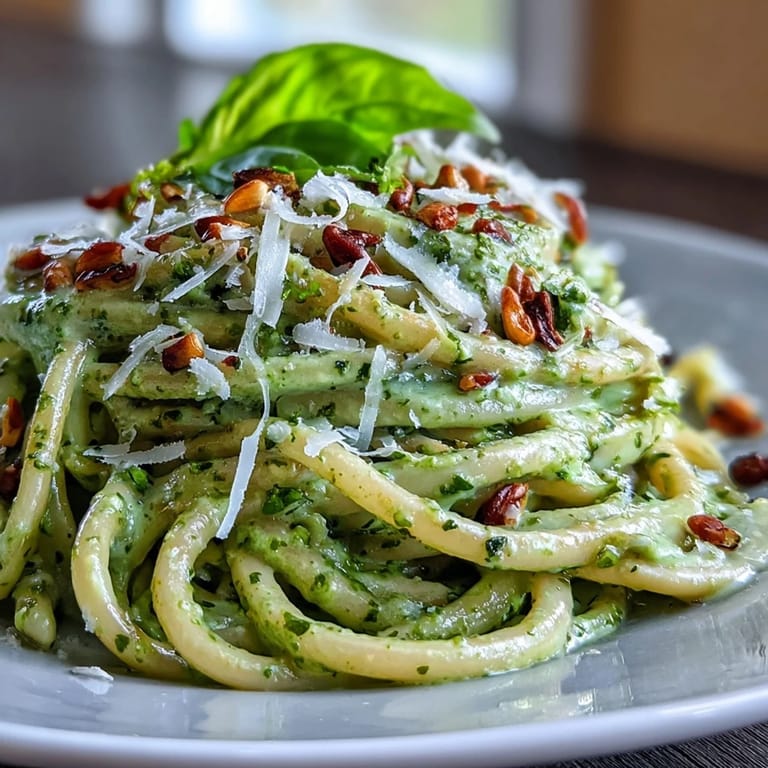 Bright green avocado pesto pasta tossed with garlic, lemon, and basil, topped with Parmesan and lemon zest for a healthy, easy dinner.