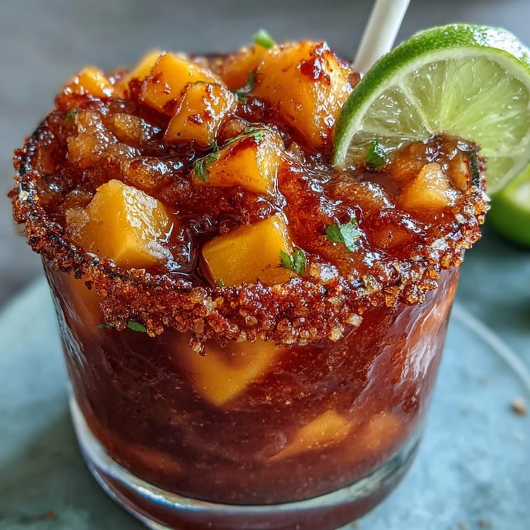 Refreshing layered mangonada mocktail cup with fresh mango chunks, zesty lime, and spicy-sweet chamoy swirl.  