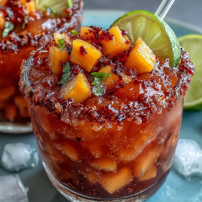 Festive vegan mango slush drink garnished with tamarind candy and chili-lime Tajín, ideal for summer parties.