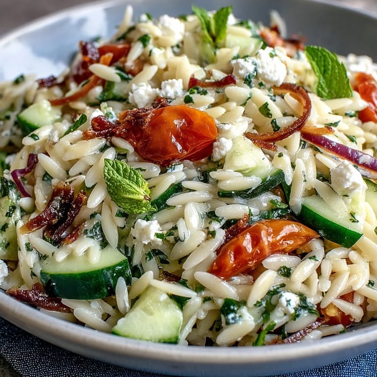 Colorful Mediterranean orzo salad featuring crisp cucumber, creamy feta, and bright lemon-herb dressing.  