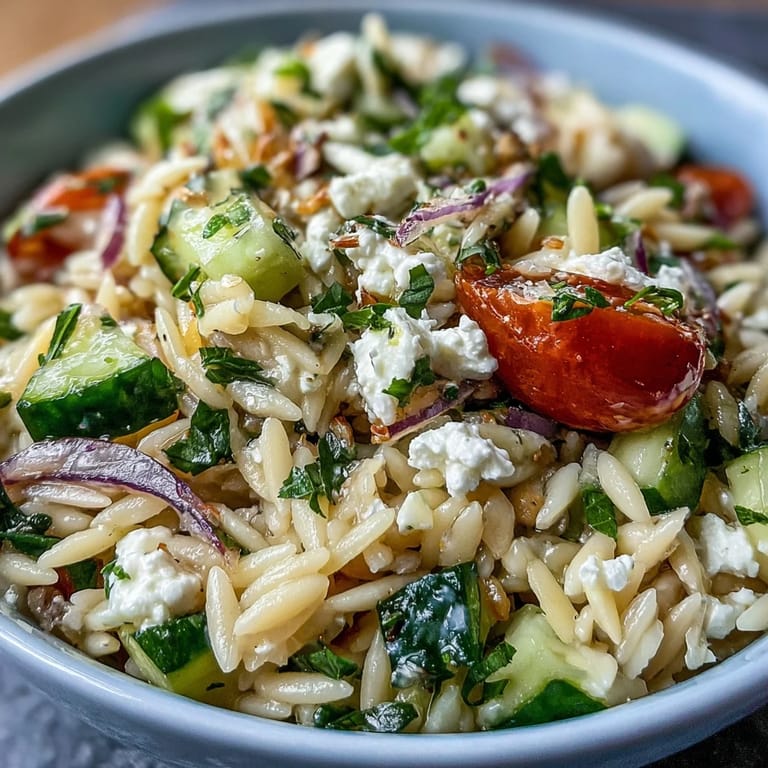 Refreshing orzo pasta salad with juicy cherry tomatoes, crumbled feta, and tangy lemon vinaigrette.